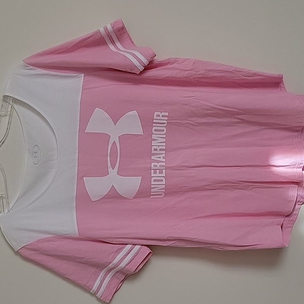 Under Armour Women's Sportstyle Logo Baseball Tee- Pink/White- Size XL